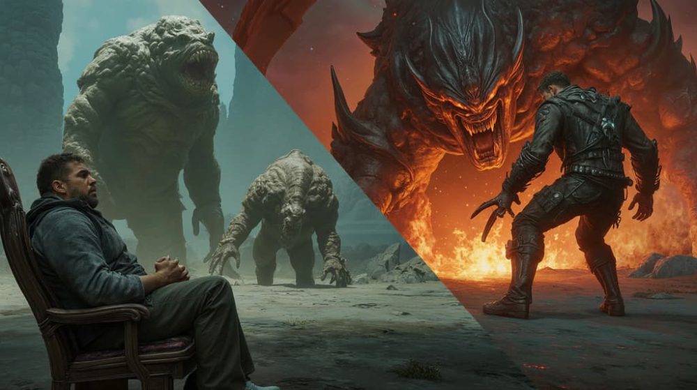 A split-screen comparison showing a bored player fighting a 'damage sponge' boss versus an engaged player in a skillful, action-packed boss fight.