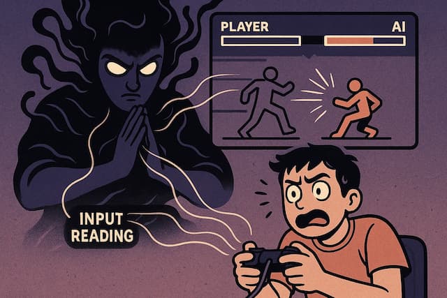An illustration of a video game AI with glowing eyes unfairly countering a player's move, symbolizing the concept of 'input reading' as a form of fake difficulty.