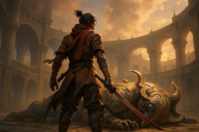 A video game hero stands victorious over a defeated boss in a beautifully designed world, representing an earned and satisfying win from a fair challenge.